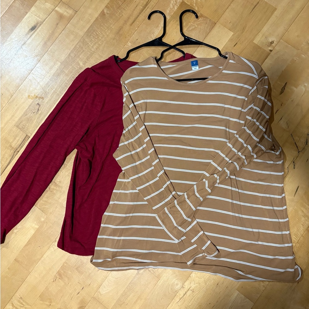 2 shirts! Old Navy Striped Long-Sleeve Tee in Tan & White, and Maroon(red)
